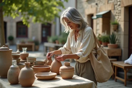 Femme qui fouille des objets anciens sur une table de vide-grenier dans un village du Lot