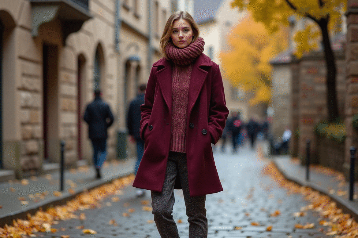 Femme en manteau bordeaux dans un vieux quartier automne