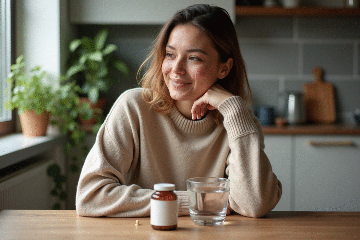 Femme pensant à prendre une vitamine dans la cuisine moderne