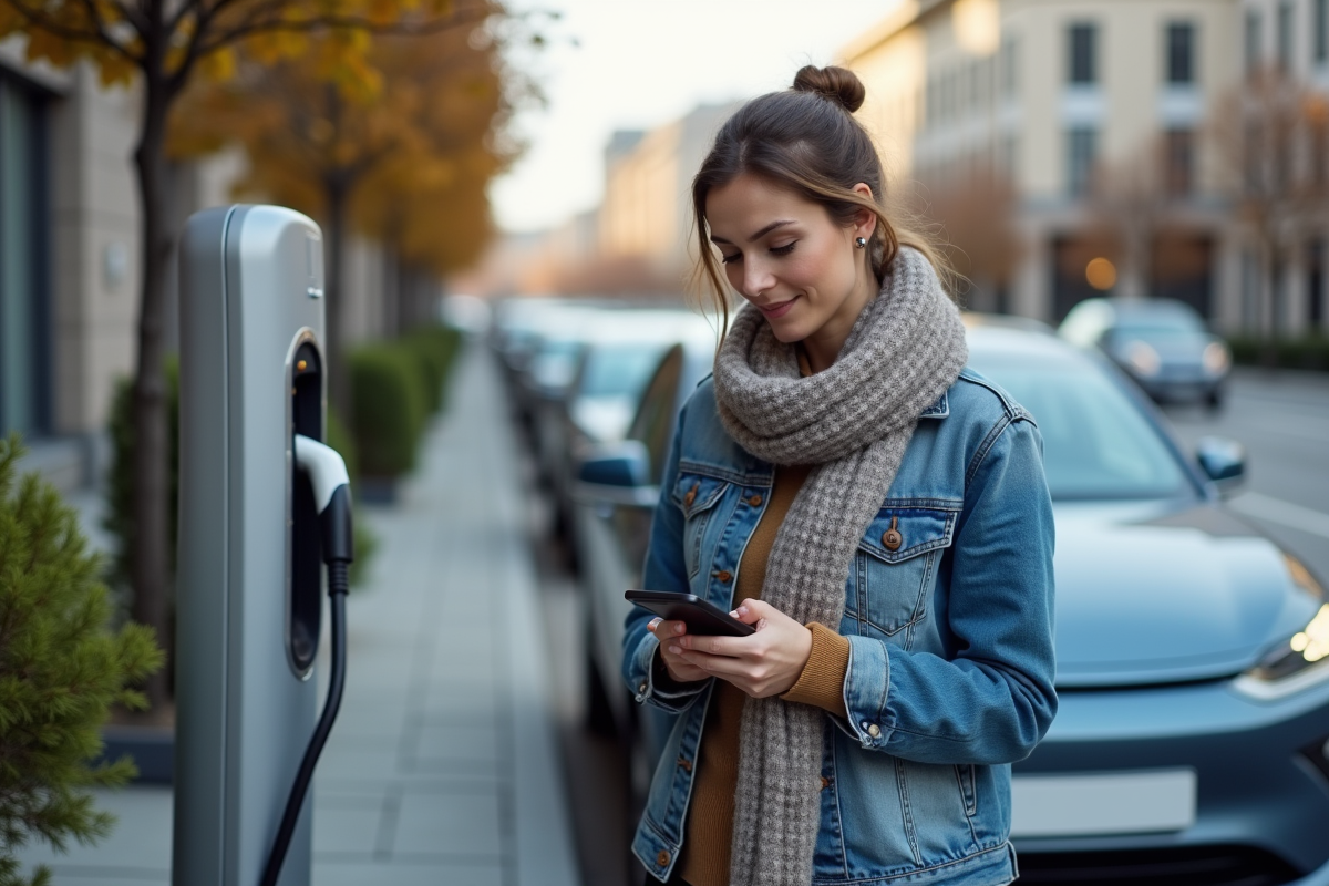 Femme avec voiture électrique dans la ville en charge