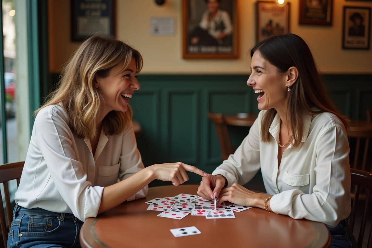 Deux femmes jouant à la belote coinchée dans un café parisien avec des cartes sur la table