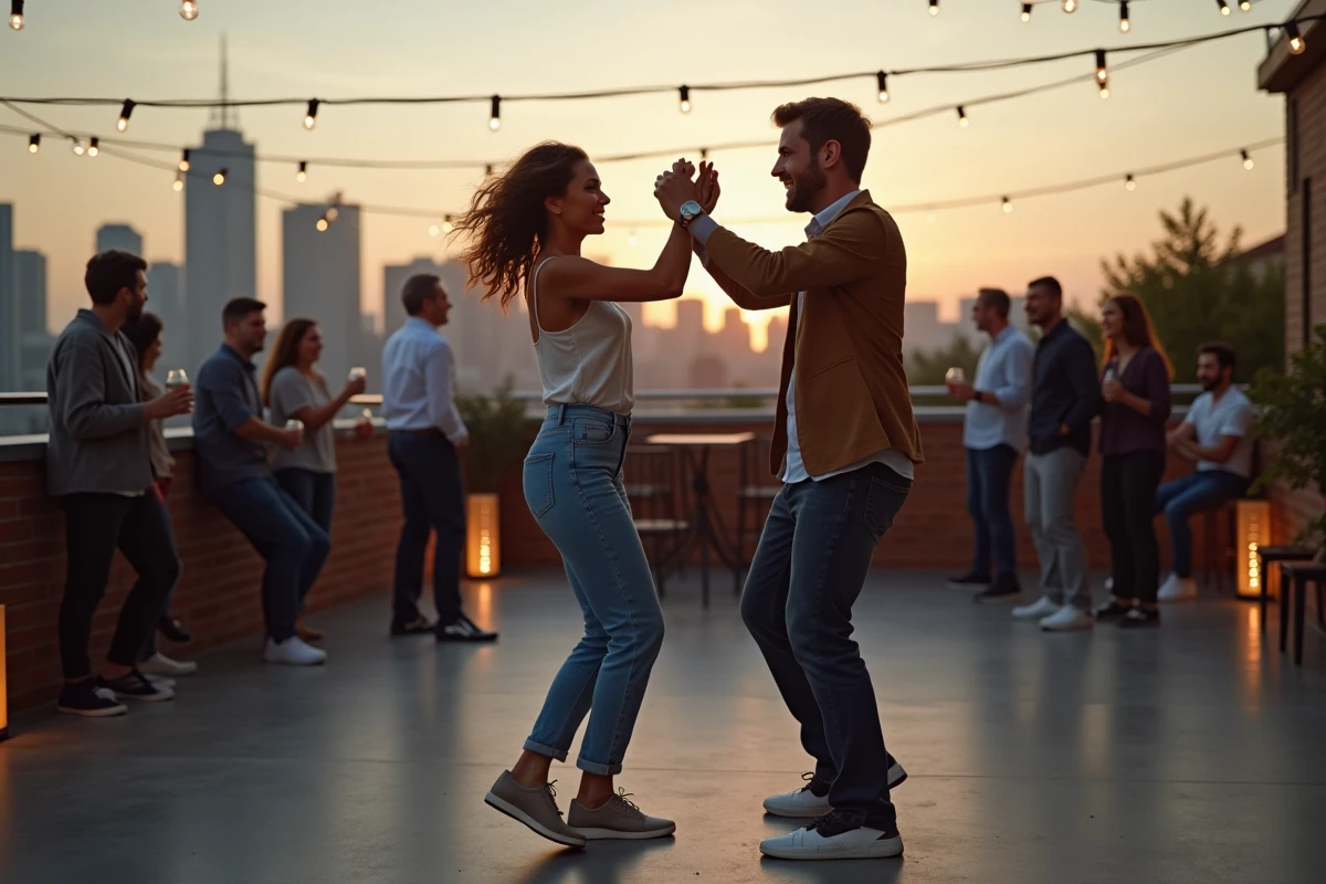 Groupe de personnes dansant sur un toit urbain au crépuscule