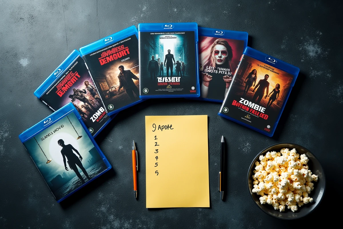Flat lay de films Resident Evil en DVD avec une liste numérotée pour choisir l'ordre de visionnage