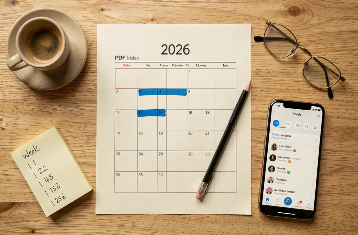 Vue de dessus d'un calendrier PDF imprimé des semaines paires 2026 posé sur une table en bois avec annotations et accessoires de bureau