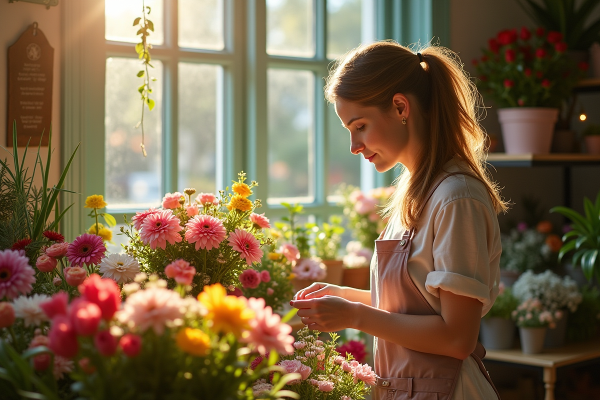 Jeune femme fleuriste arrangeant des fleurs dans une boutique lumineuse