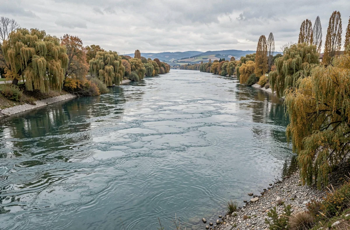 Vue panoramique d'un grand fleuve français aux eaux calmes bordé d'arbres en automne, illustrant la puissance et la largeur d'un fleuve se jetant dans la mer