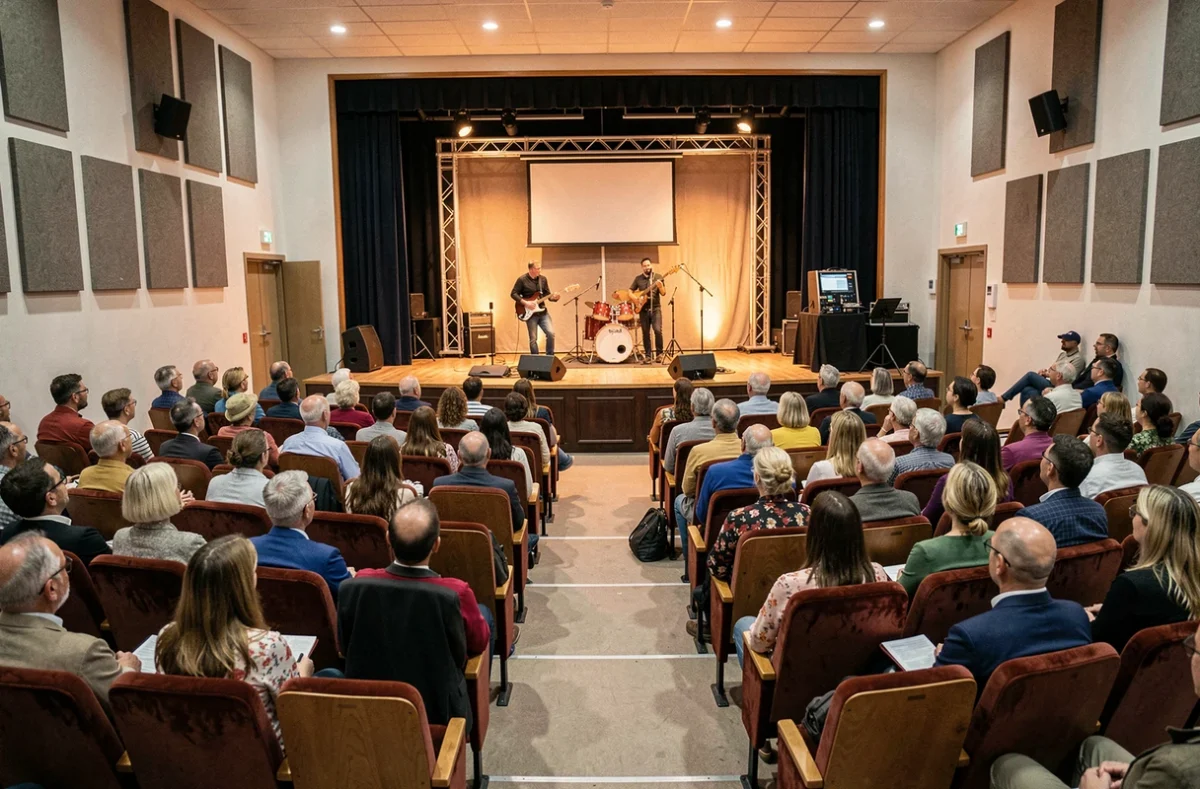 Concert au Forum de Vauréal avec une salle culturelle accueillant un groupe de musique devant un public varié