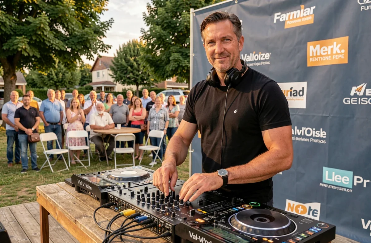 DJ et animateur Franck Anim' derrière ses platines lors d'un événement en plein air dans le Val-d'Oise