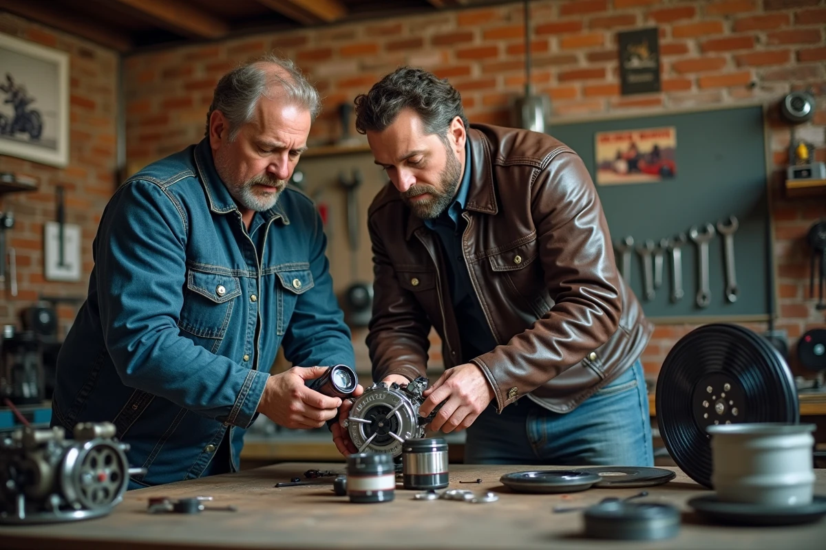 Deux passionnés en tenue de motard inspectant une bobine de film et des pièces de moto dans un garage vintage avec disque vinyle et poster de film, symbole du lien entre cinéma moto et rock