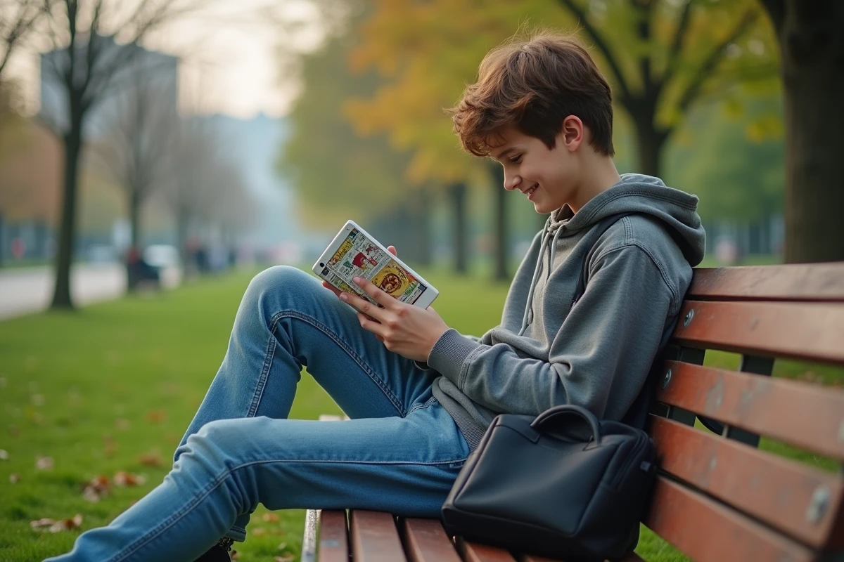 Adolescent lisant manga sur smartphone dans un parc