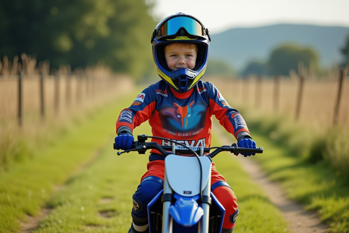 Garçon de 7 ans en motocross assis sur une petite moto dans un champ