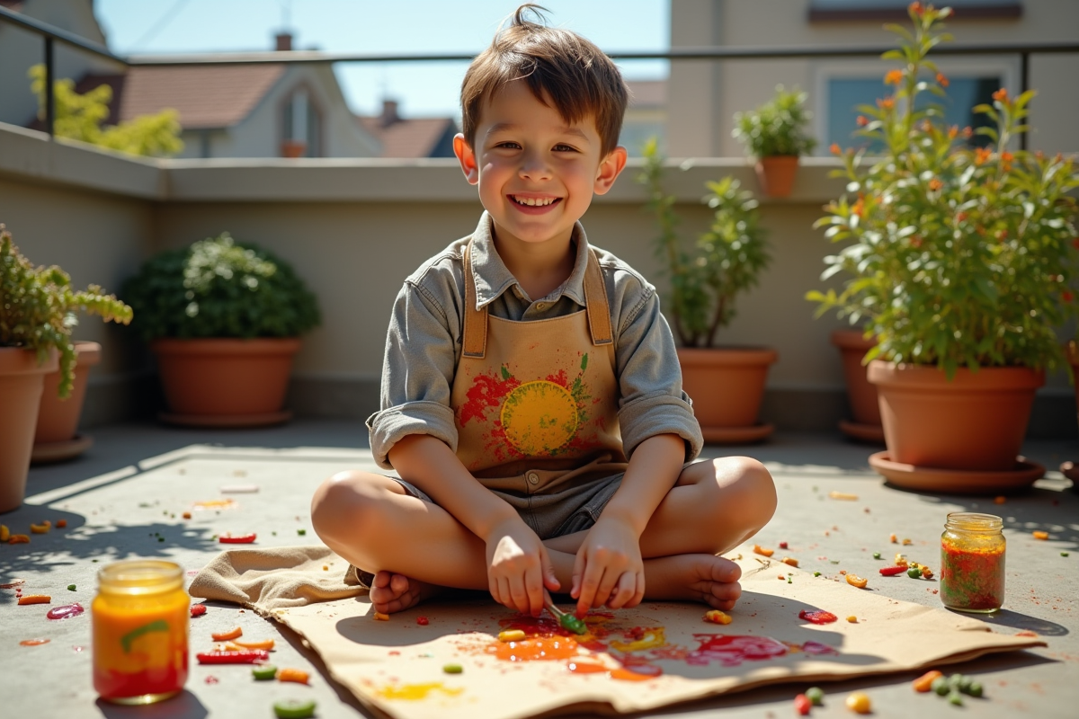 Jeune garçon appliquant peinture végétale sur carton recyclé en extérieur