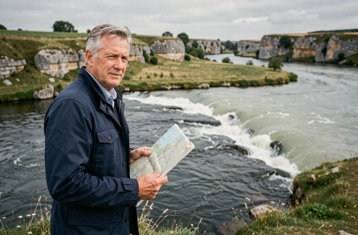 Géographe tenant une carte topographique au point de confluence d'une rivière et d'un fleuve en France, montrant la distinction entre cours d'eau tributaire et fleuve principal