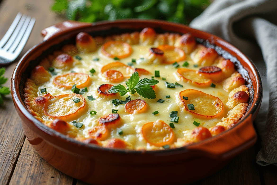 Gratin de courgettes et pommes de terre doré en plat rustique