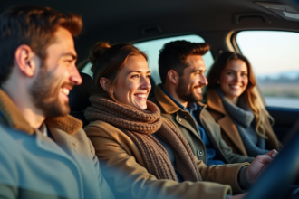 Quatre amis souriants dans une voiture en automne