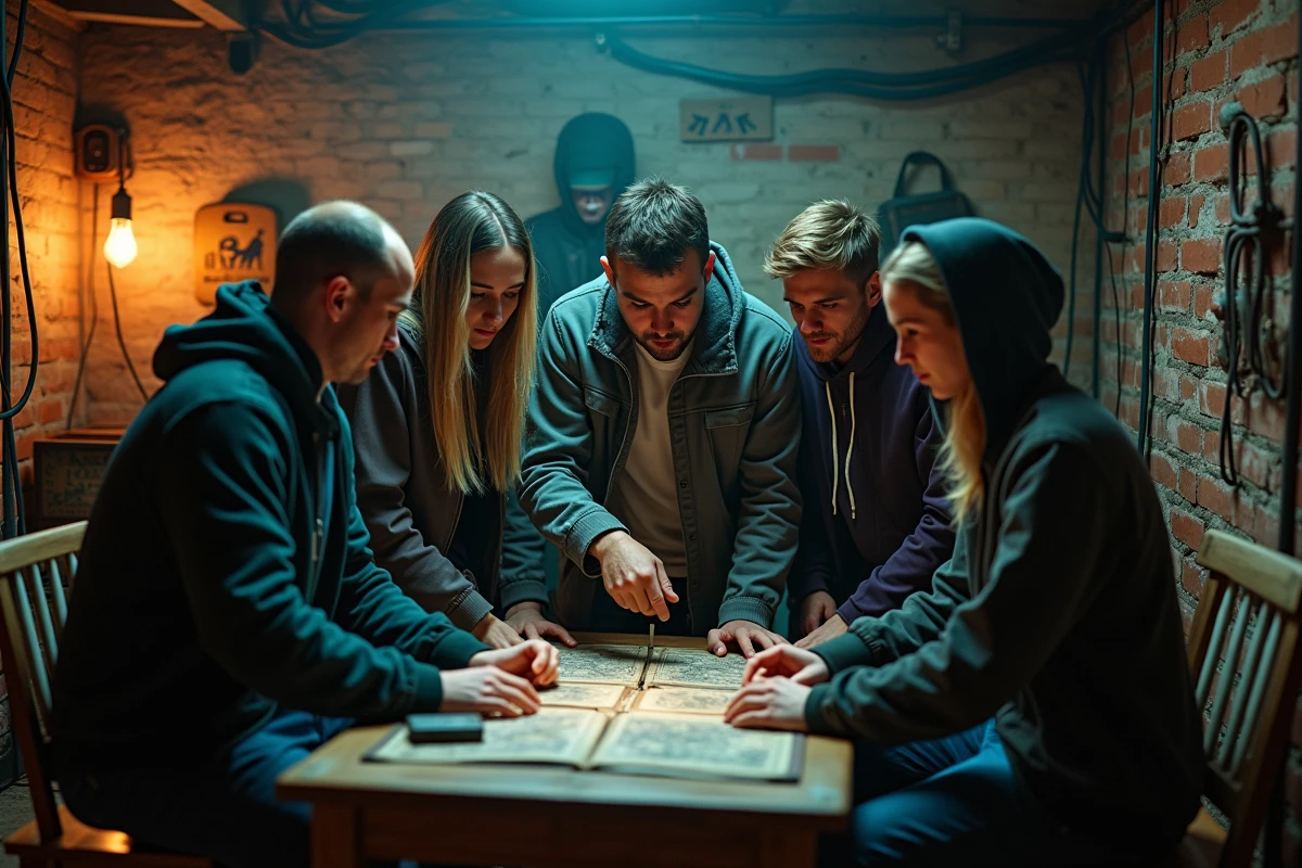 Groupe d'amis jouant dans une salle d'escape game à Lyon avec des énigmes et accessoires vintage