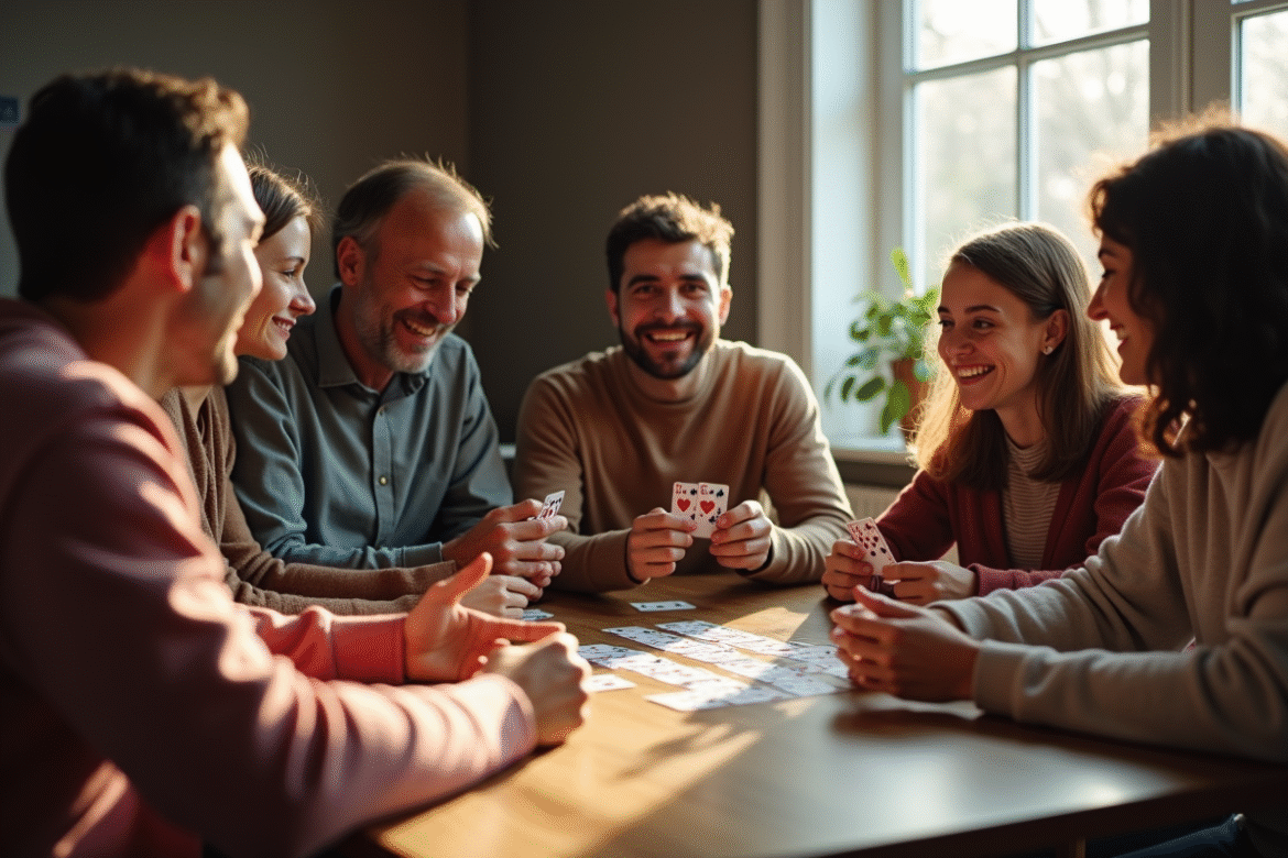 Groupe d'amis jouant aux cartes autour d'une table en plein jour