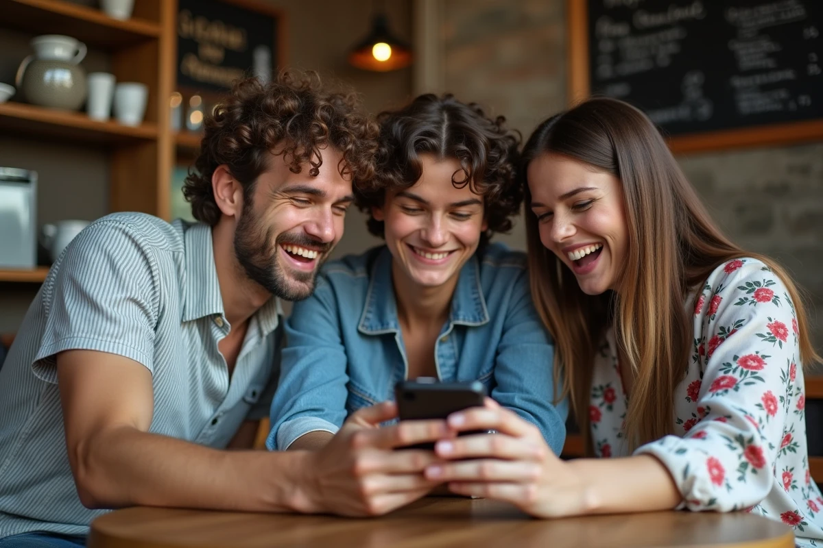 Groupe d'amis riant ensemble devant des smileys d'anniversaire amusants sur un téléphone posé sur une table de café
