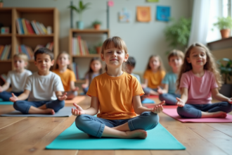 Enfants en yoga dans une salle moderne et colorée