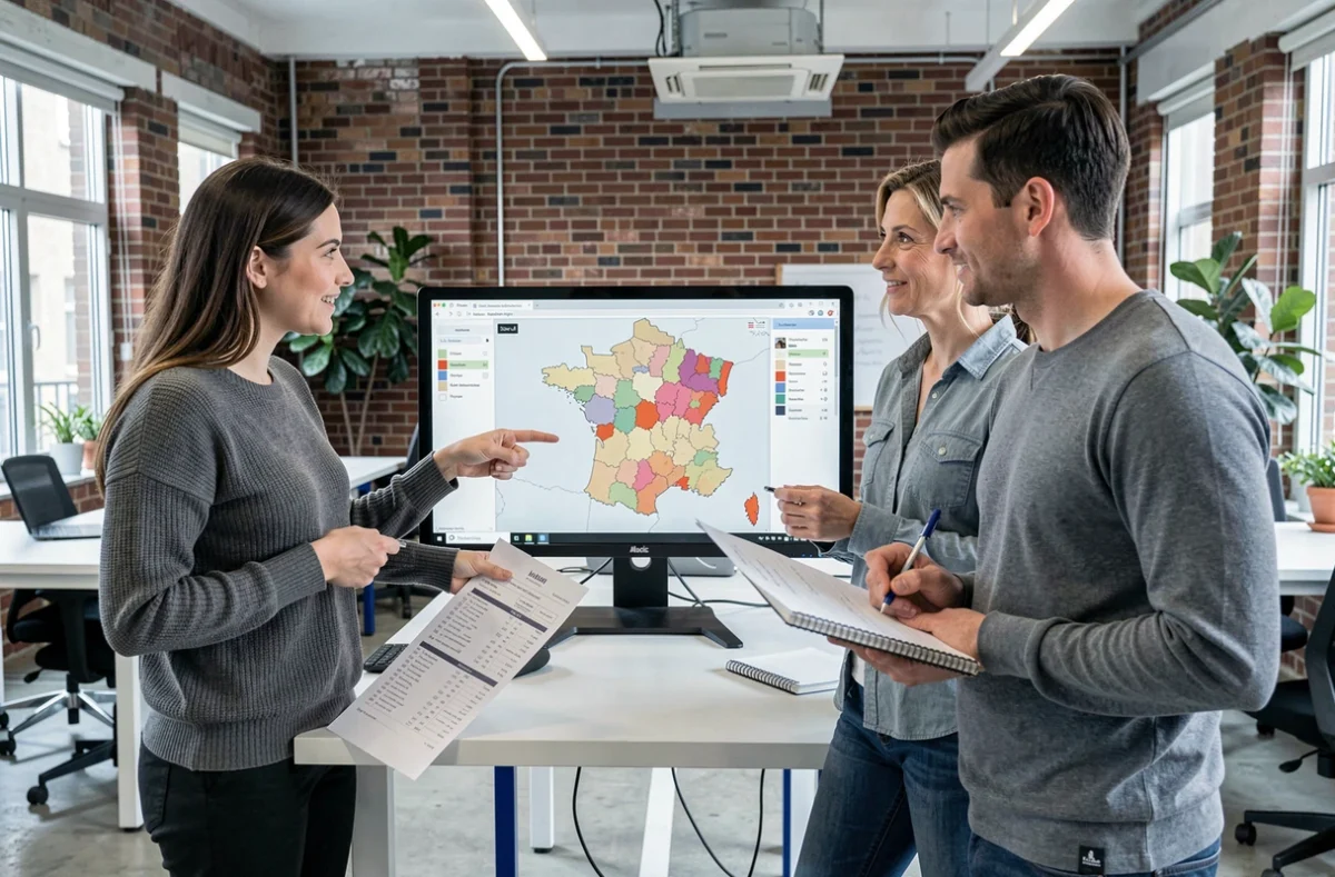 Groupe de figurants discutant des castings par région en co-working devant une carte de France