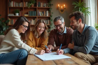 Groupe de quatre adultes jouant au pendu dans un salon chaleureux