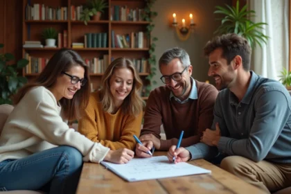 Groupe de quatre adultes jouant au pendu dans un salon chaleureux