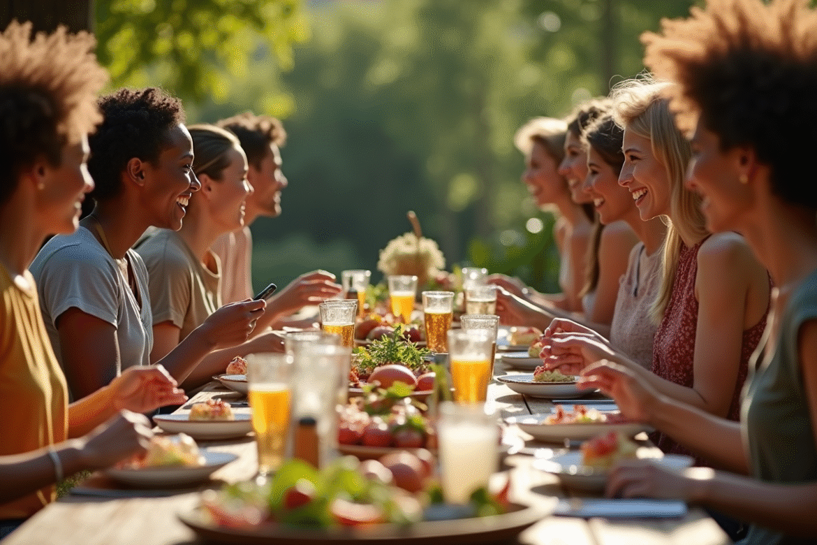 Groupe de personnes partageant un repas en plein air avec sourires