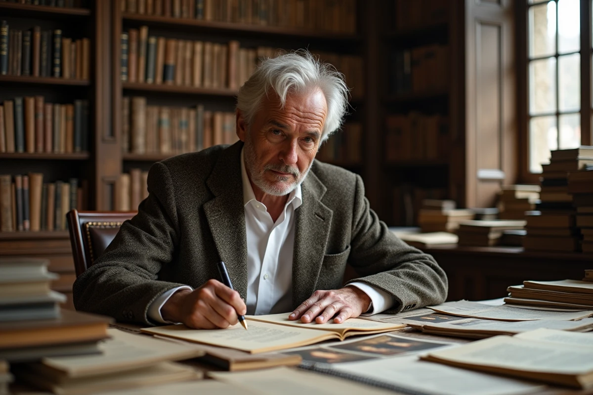 Historien de l'art consultant des archives sur la Joconde dans une bibliothèque de recherche universitaire