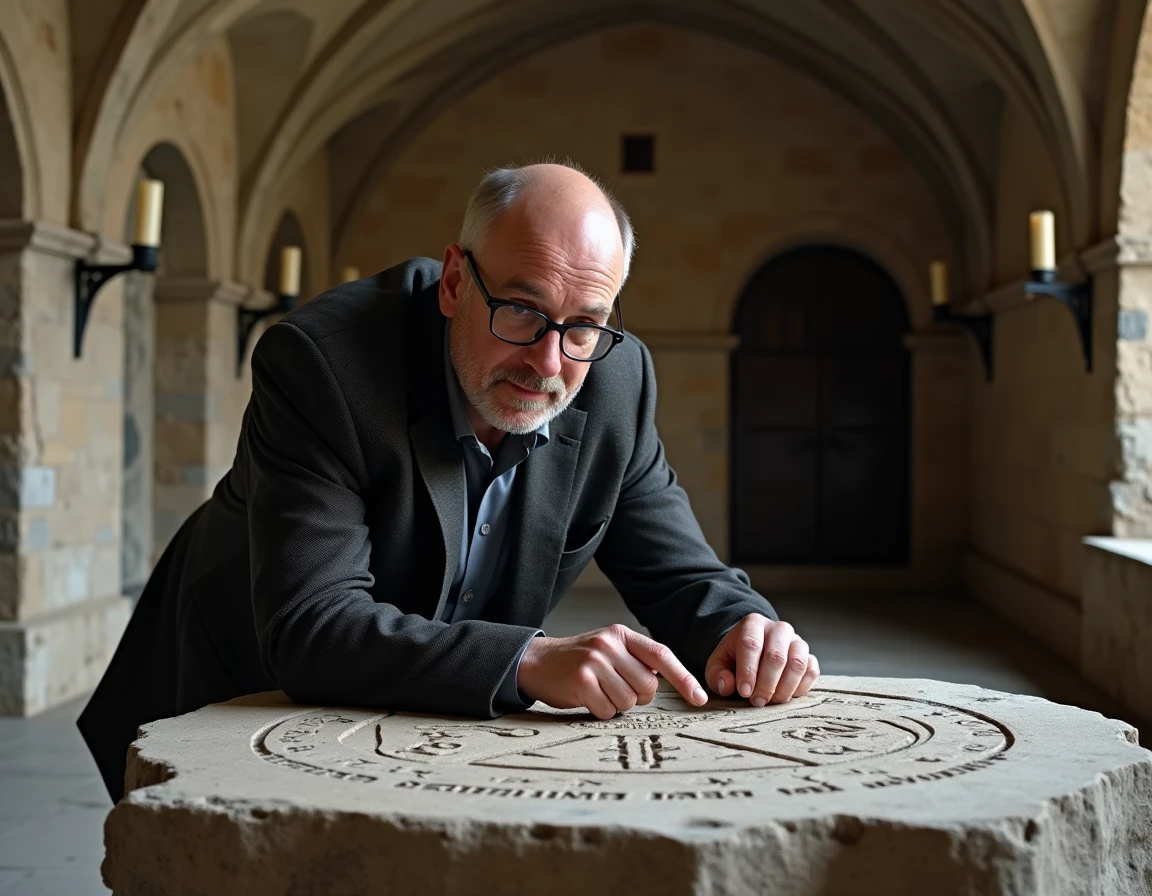 Historien examinant une pierre gravée d'une croix templière dans une crypte romane voûtée aux murs en calcaire