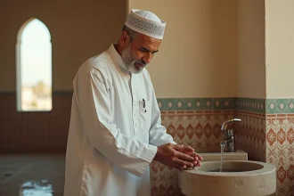 Homme effectuant les ablutions dans une mosquée d'Argenteuil avant l'heure de prière