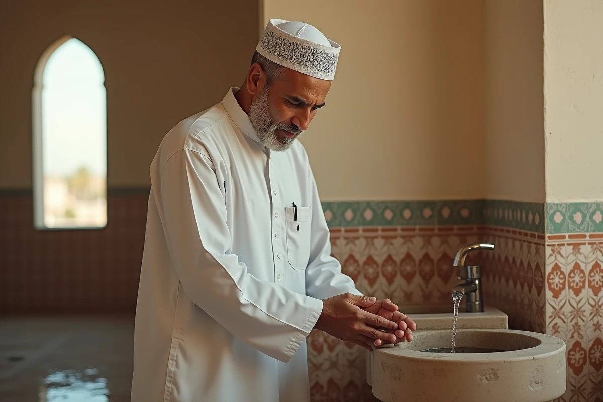 Homme effectuant les ablutions dans une mosquée d'Argenteuil avant l'heure de prière