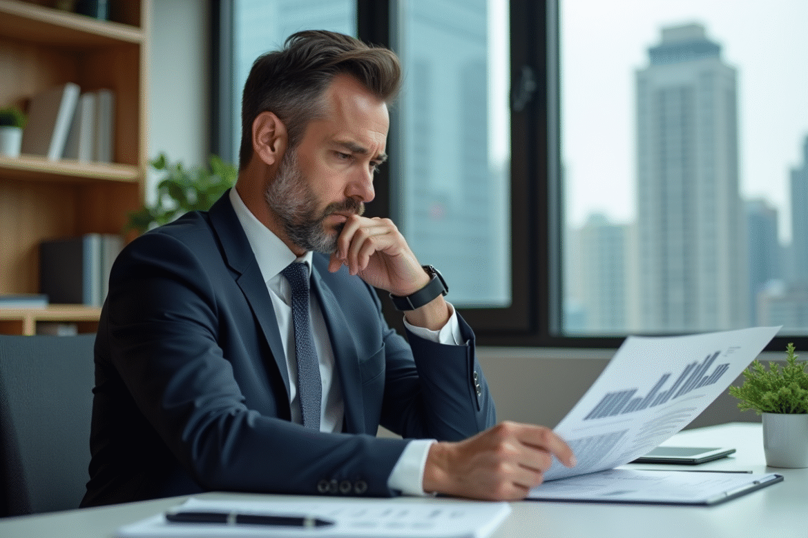 Homme d'affaires en costume examine des rapports immobiliers