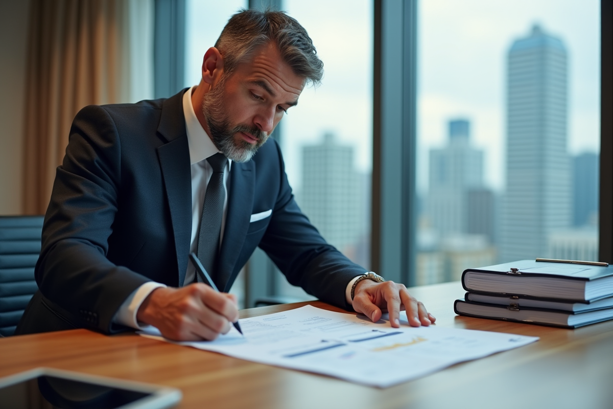 Homme en costume annotant un rapport financier