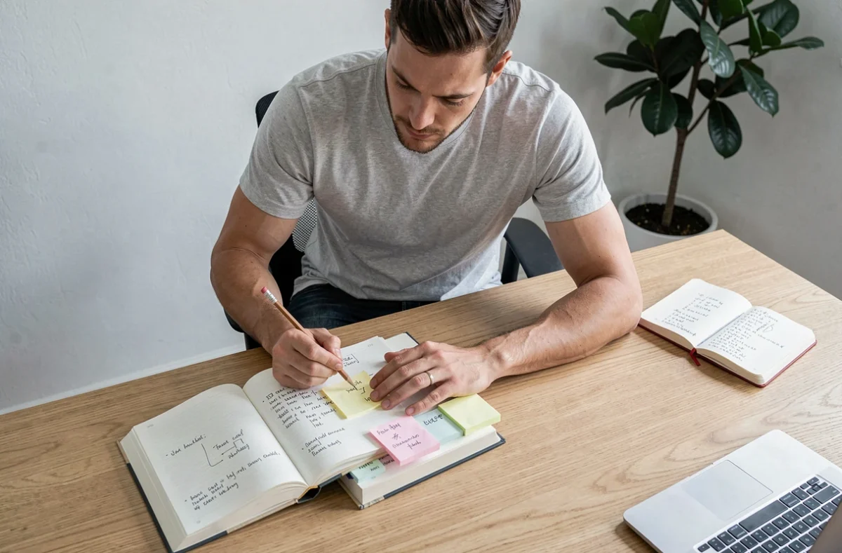 Homme annotant un livre avec des notes de lecture à son bureau, guide de lecture Epsilon BL