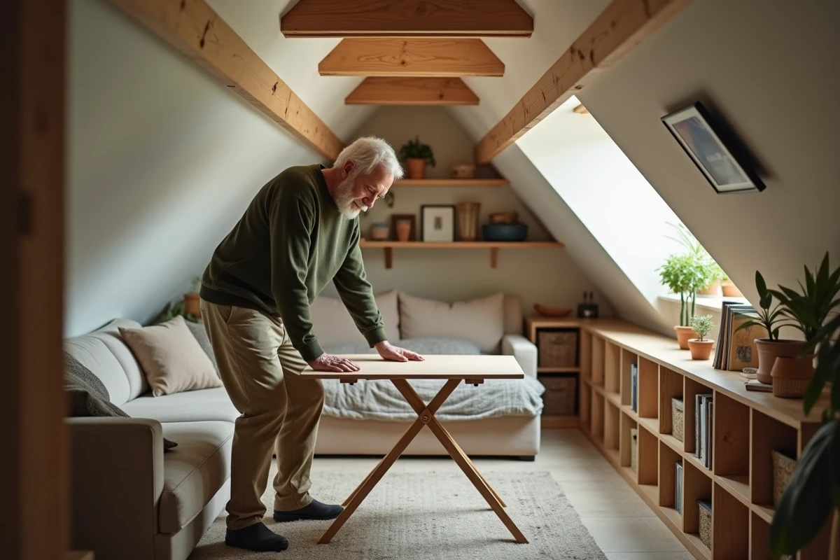 Homme âgé assemblant une table pliante dans un grenier lumineux
