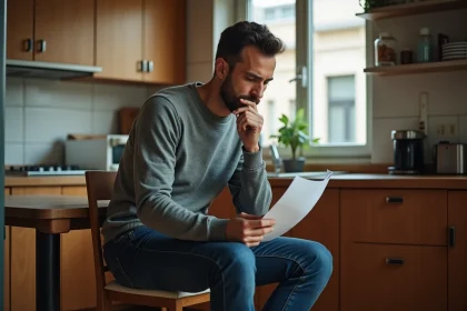 Homme pensif avec bracelet électronique dans la cuisine