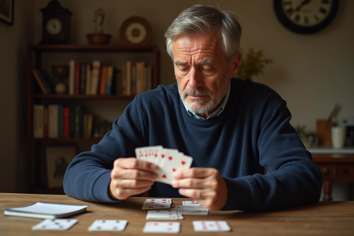 Homme jouant à la belote coinchée avec des cartes à la main sur une table en bois rustique
