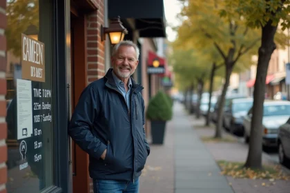 Homme d'âge moyen vérifiant les horaires devant une boulangerie
