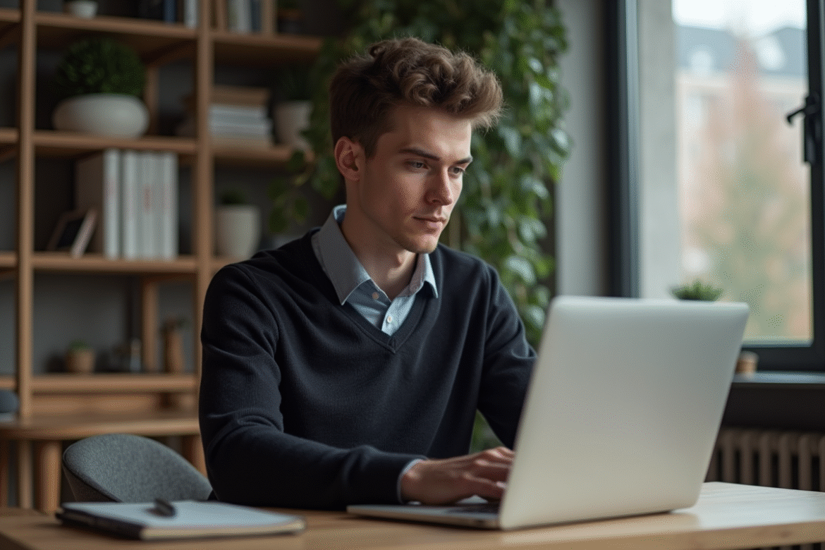 Jeune homme au bureau à domicile concentré sur son ordinateur
