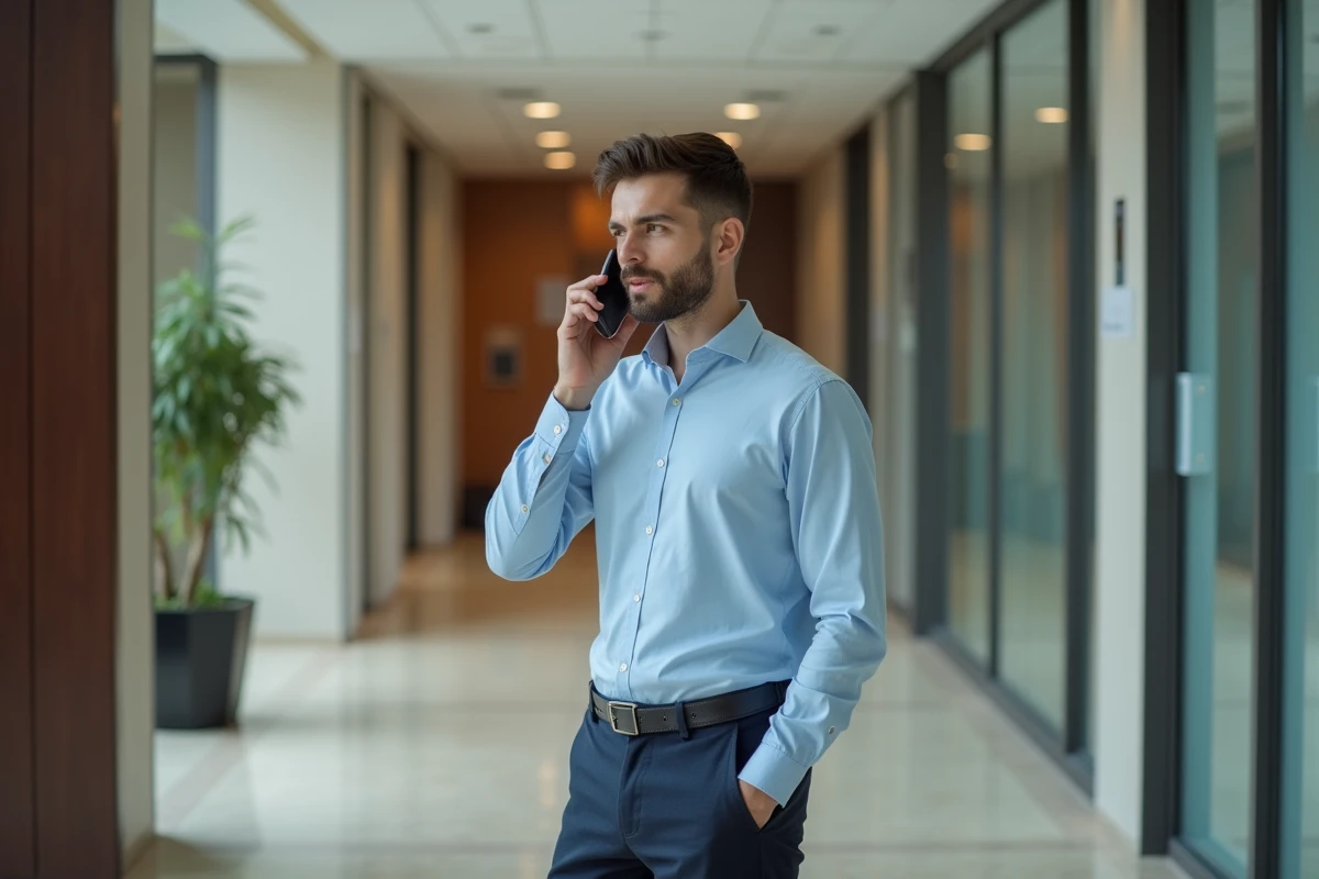 Homme au bureau parle au téléphone avec sérieux