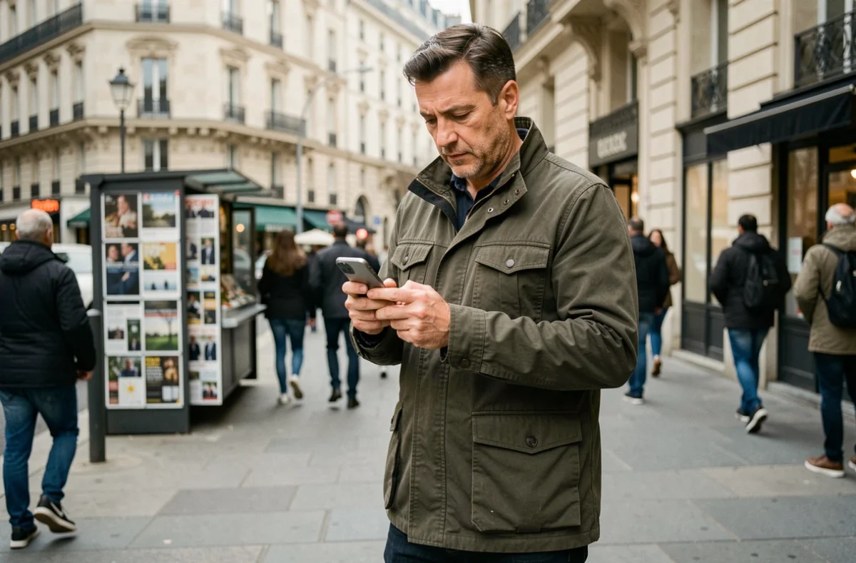 Homme consultant des castings figurants sur smartphone dans une rue de ville française