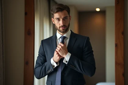 Homme en costume ajusté nouant sa cravate dans un miroir