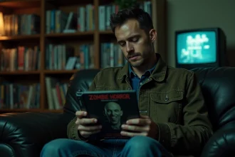 Homme tenant un DVD de Resident Evil et étudiant l'ordre des films de la saga