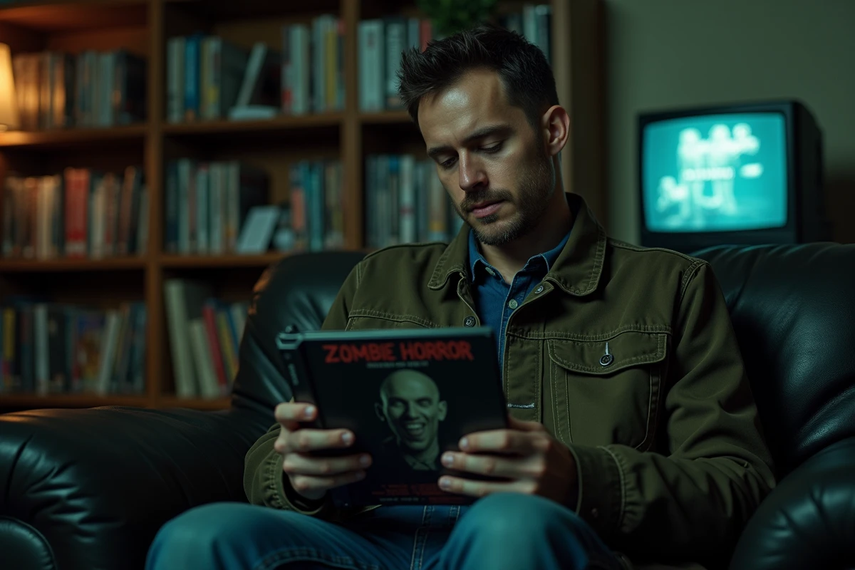 Homme tenant un DVD de Resident Evil et étudiant l'ordre des films de la saga
