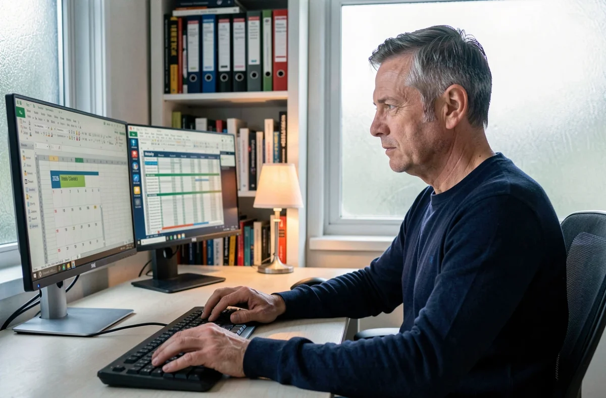 Homme travaillant sur un fichier Excel de calendrier des semaines paires 2026 sur un double écran de bureau à domicile
