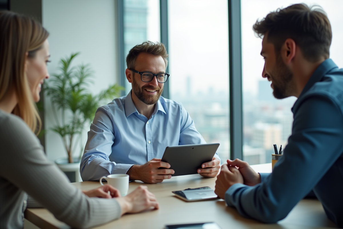 Expert en technologie discutant avec collègues en réunion
