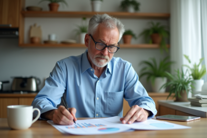Homme d'âge moyen en chemise bleue examine des documents financiers