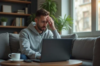 Homme frustré devant un écran d'ordinateur affichant un site indisponible, cherchant une alternative pour regarder des films en streaming