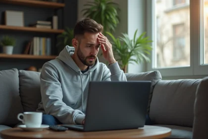 Homme frustré devant un écran d'ordinateur affichant un site indisponible, cherchant une alternative pour regarder des films en streaming