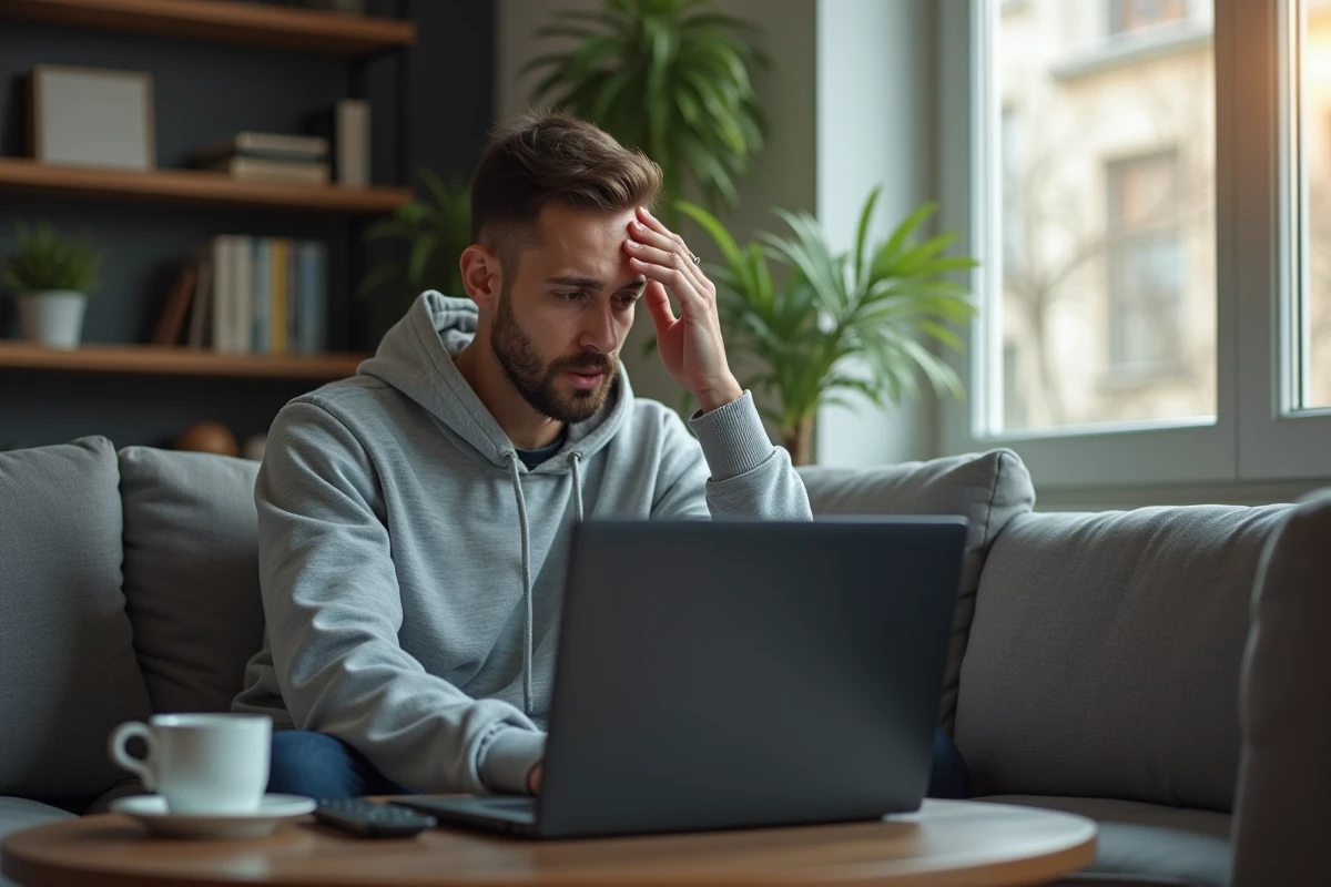 Homme frustré devant un écran d'ordinateur affichant un site indisponible, cherchant une alternative pour regarder des films en streaming